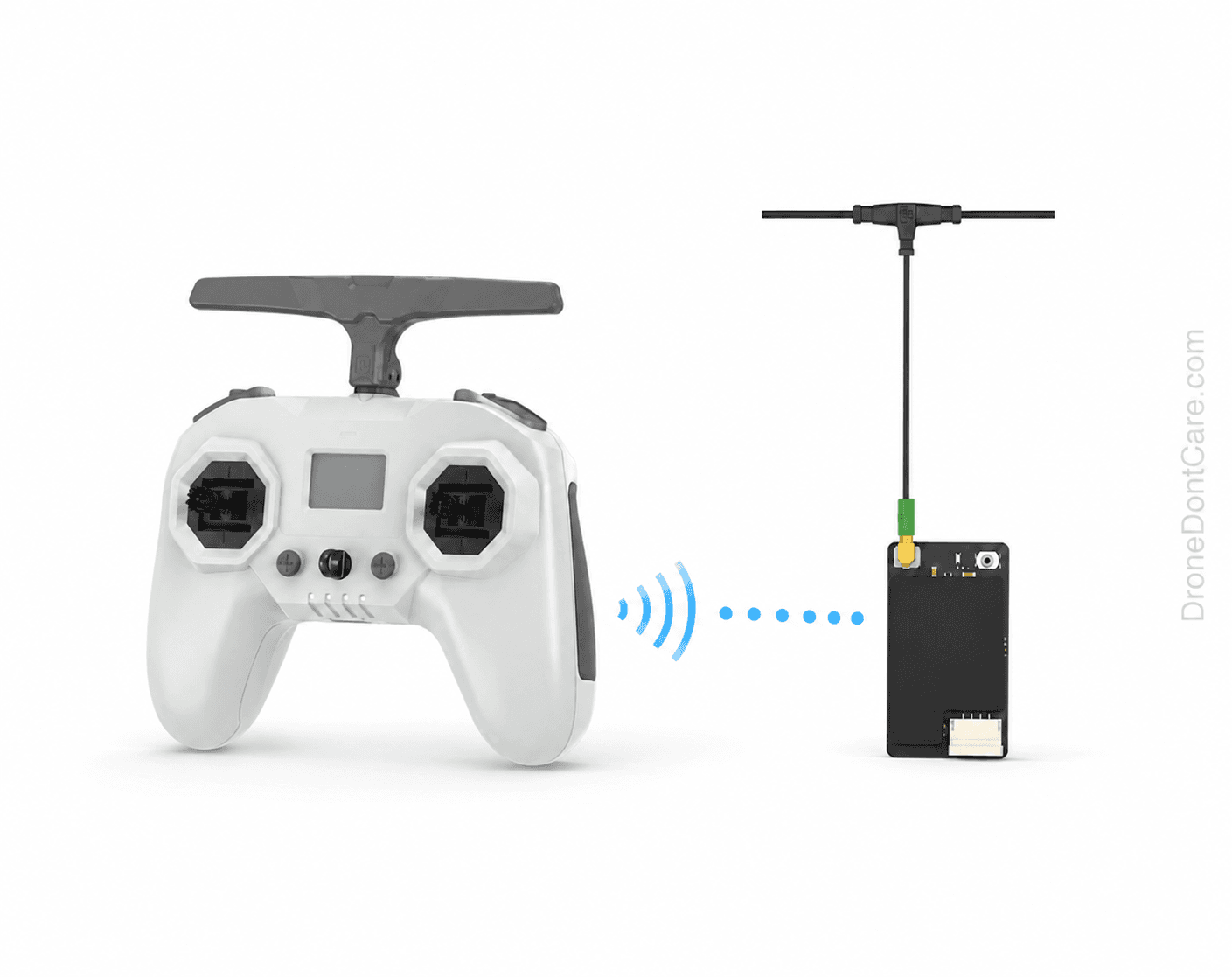 A radio controller next to an ELRS receiver module — the receiver is what BNF drones include and PNP drones do not
